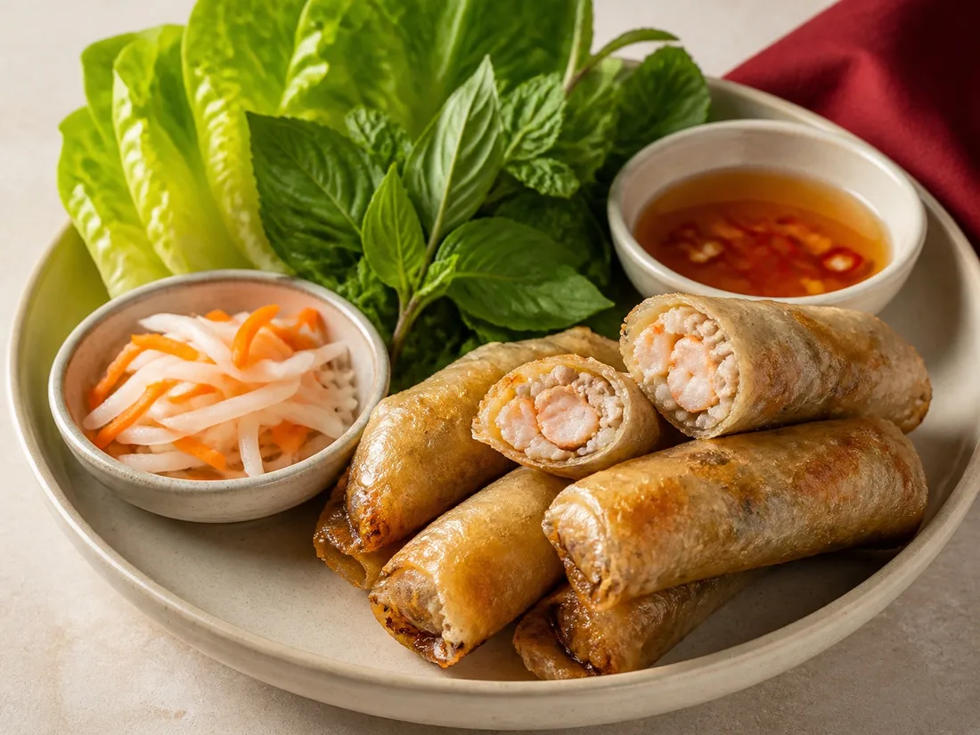 Crisp special egg rolls with herbs and dipping sauce