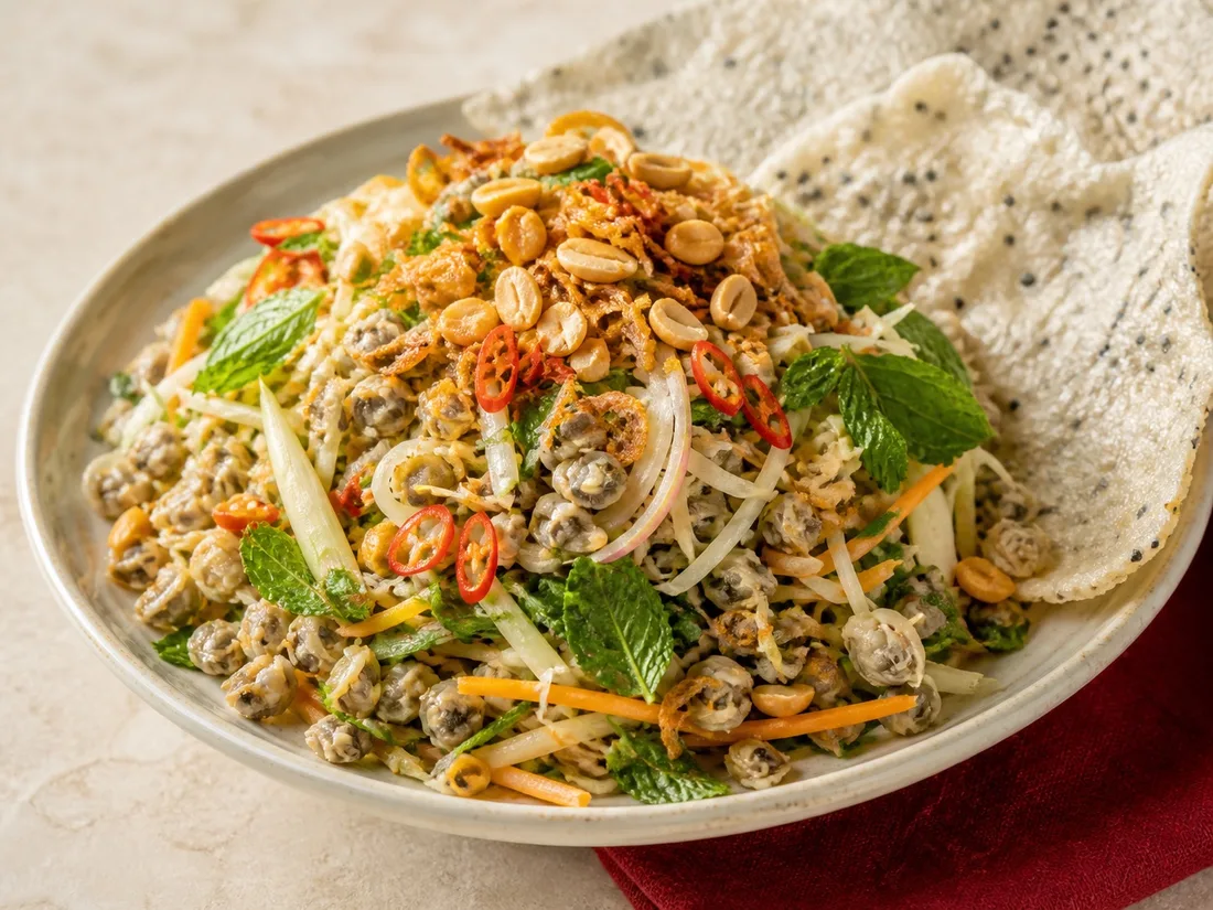 Huế baby clam salad with crisp rice crackers
