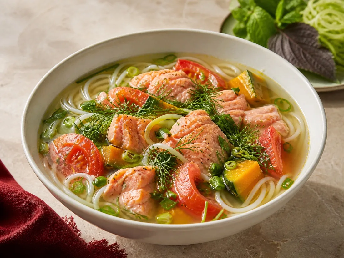 Fish noodle soup with tomato, dill and herbs
