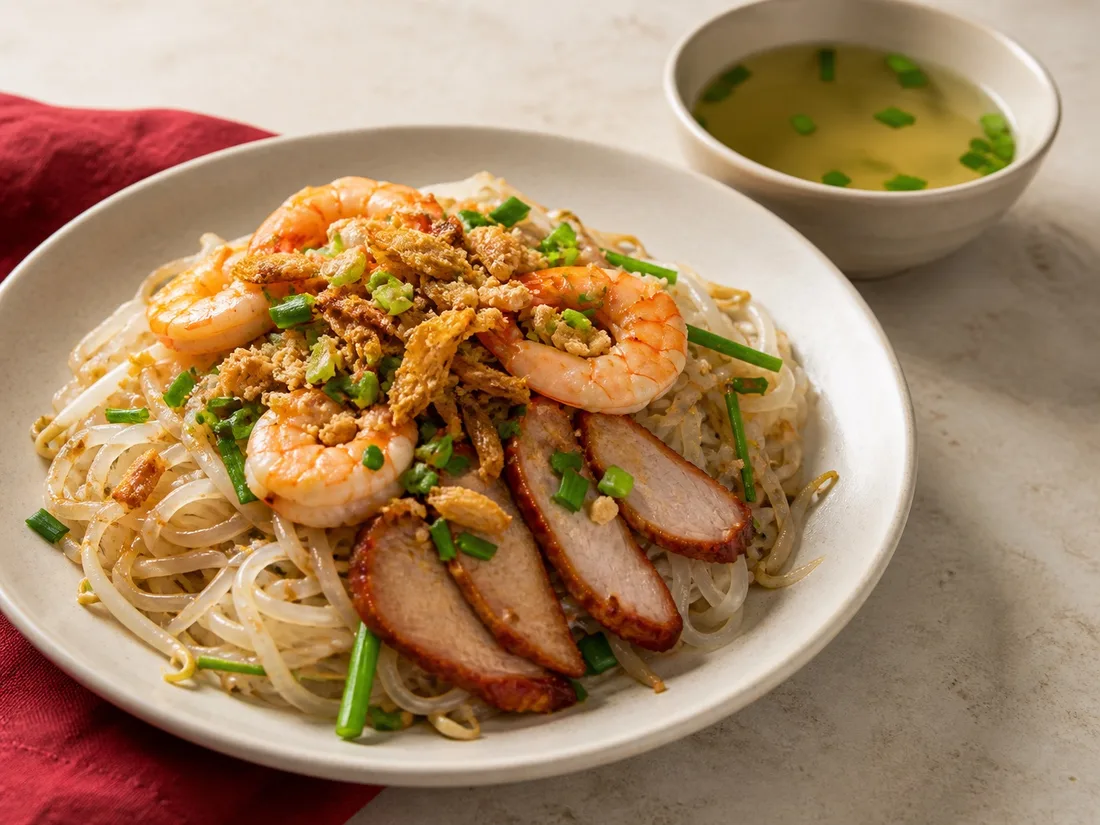 The house dry rice noodles with assorted meats and vegetables