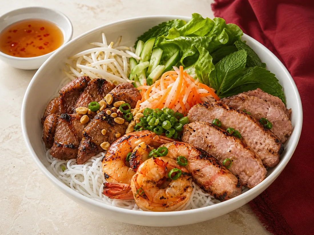 Vermicelli with shrimp, grilled pork and pork sausage skewers