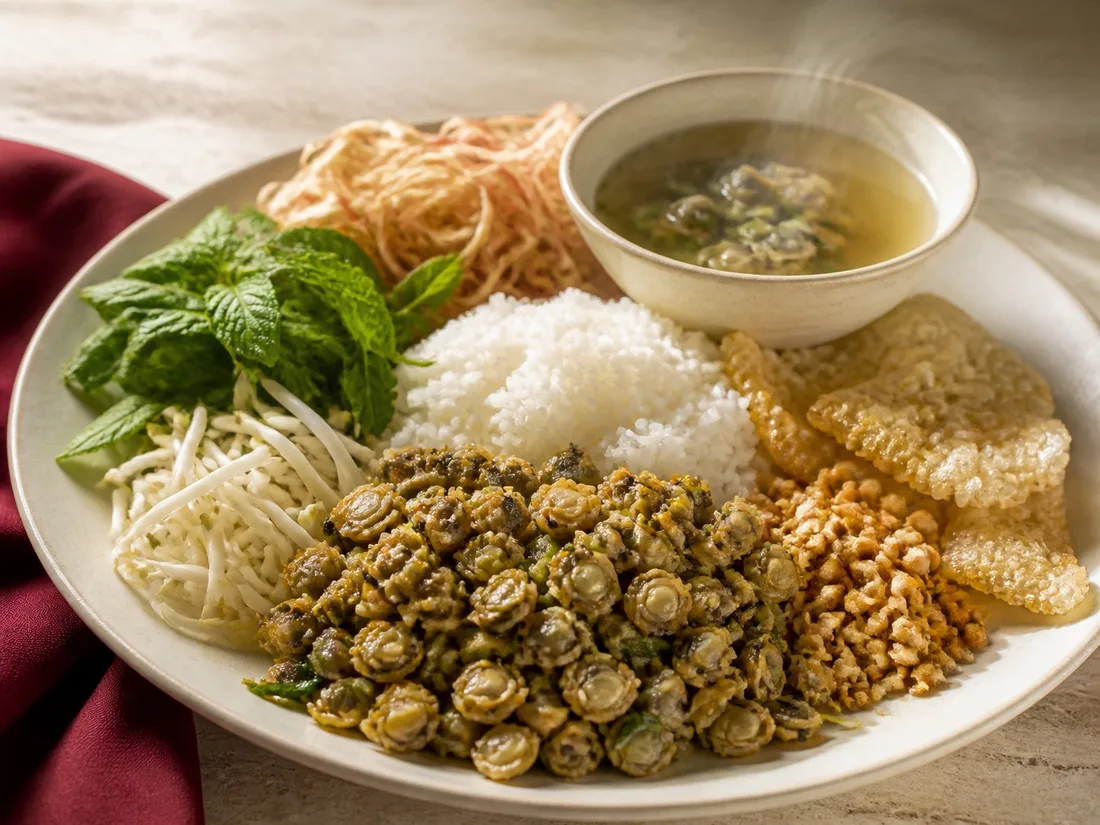 Huế rice plate with baby clams, herbs and peanuts