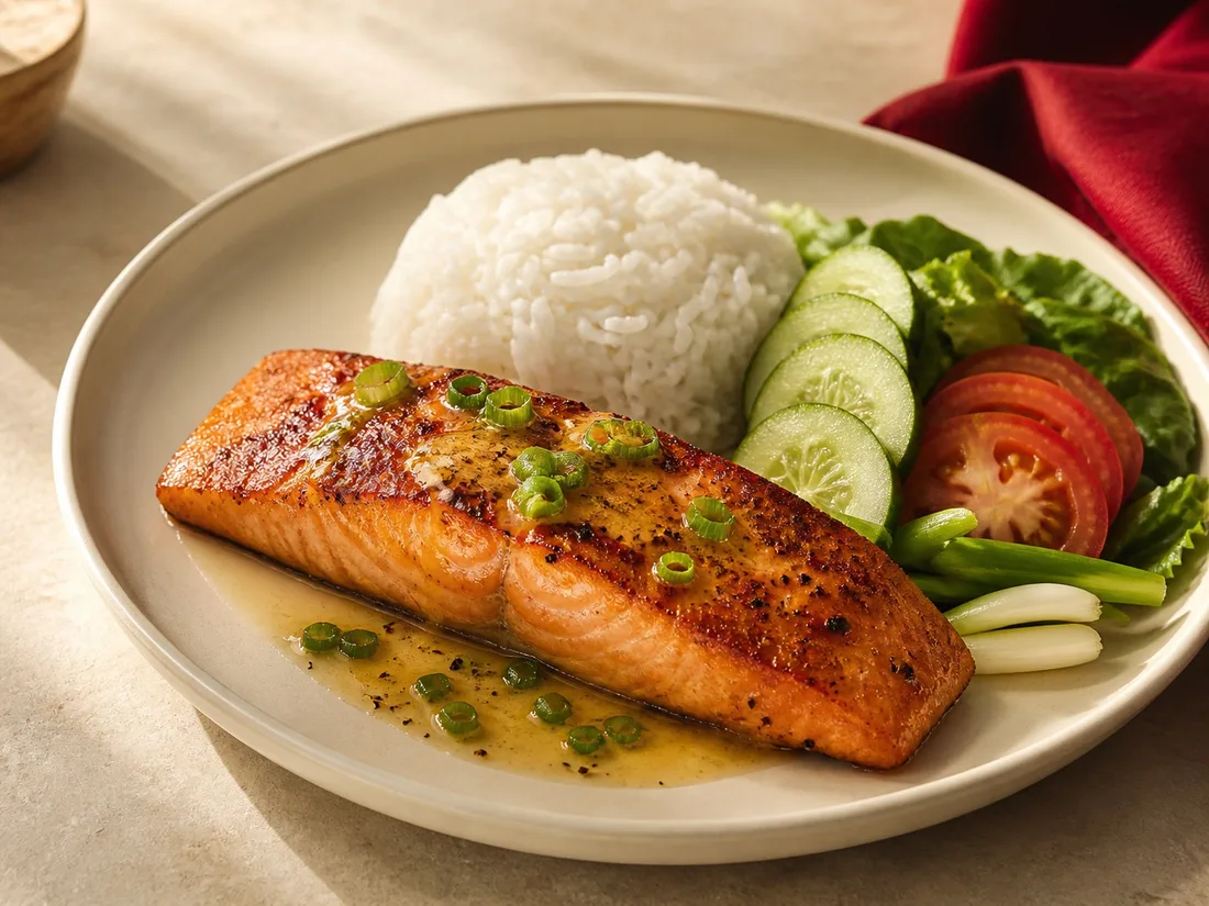 Butter-seared salmon with steamed rice and fresh vegetables