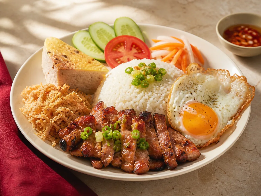 Broken rice combination with grilled pork, pork cake and fried egg