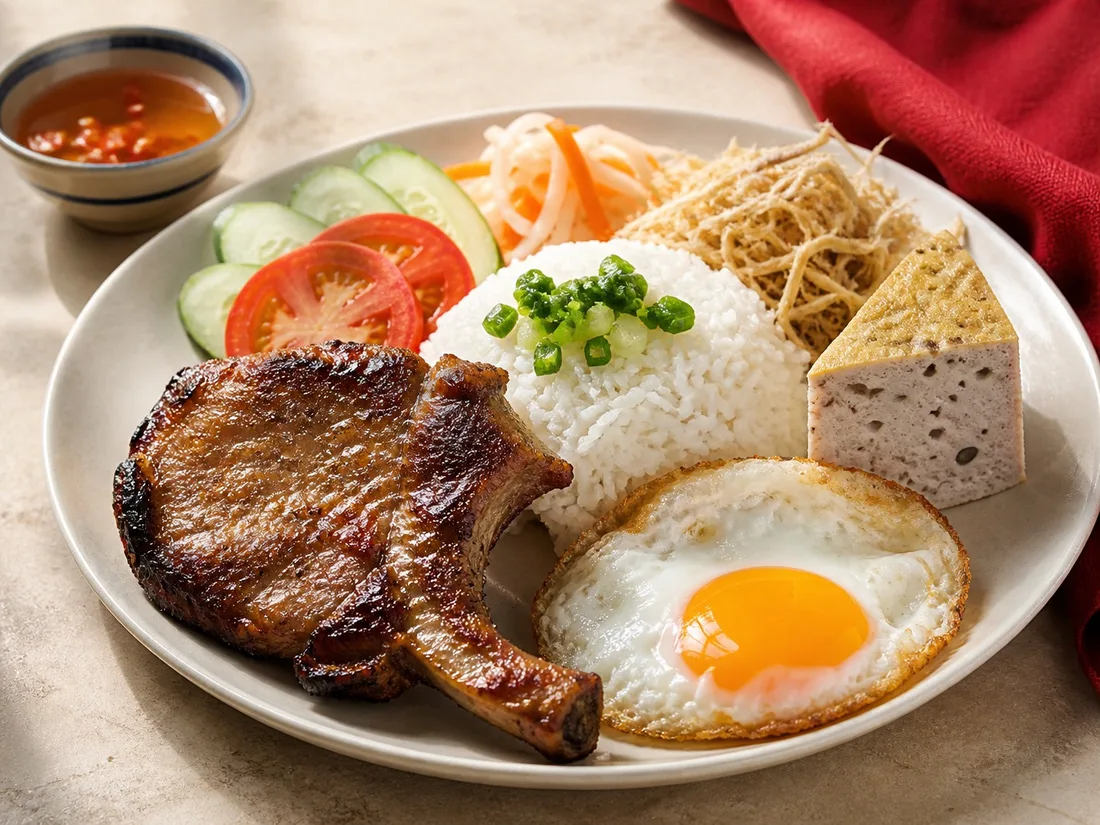Broken rice plate with pork chop, pork cake and fried egg