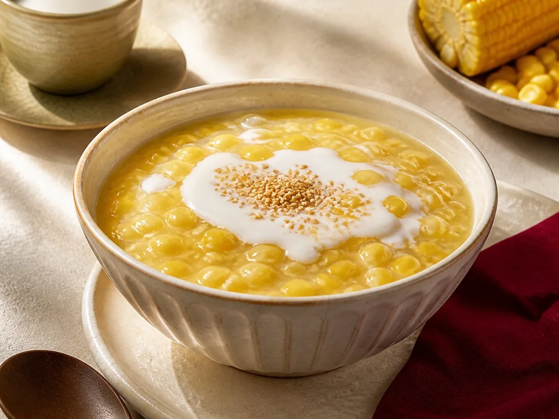 Fresh sweet corn pudding with coconut cream