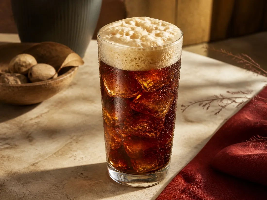 Dark foamy root beer over ice